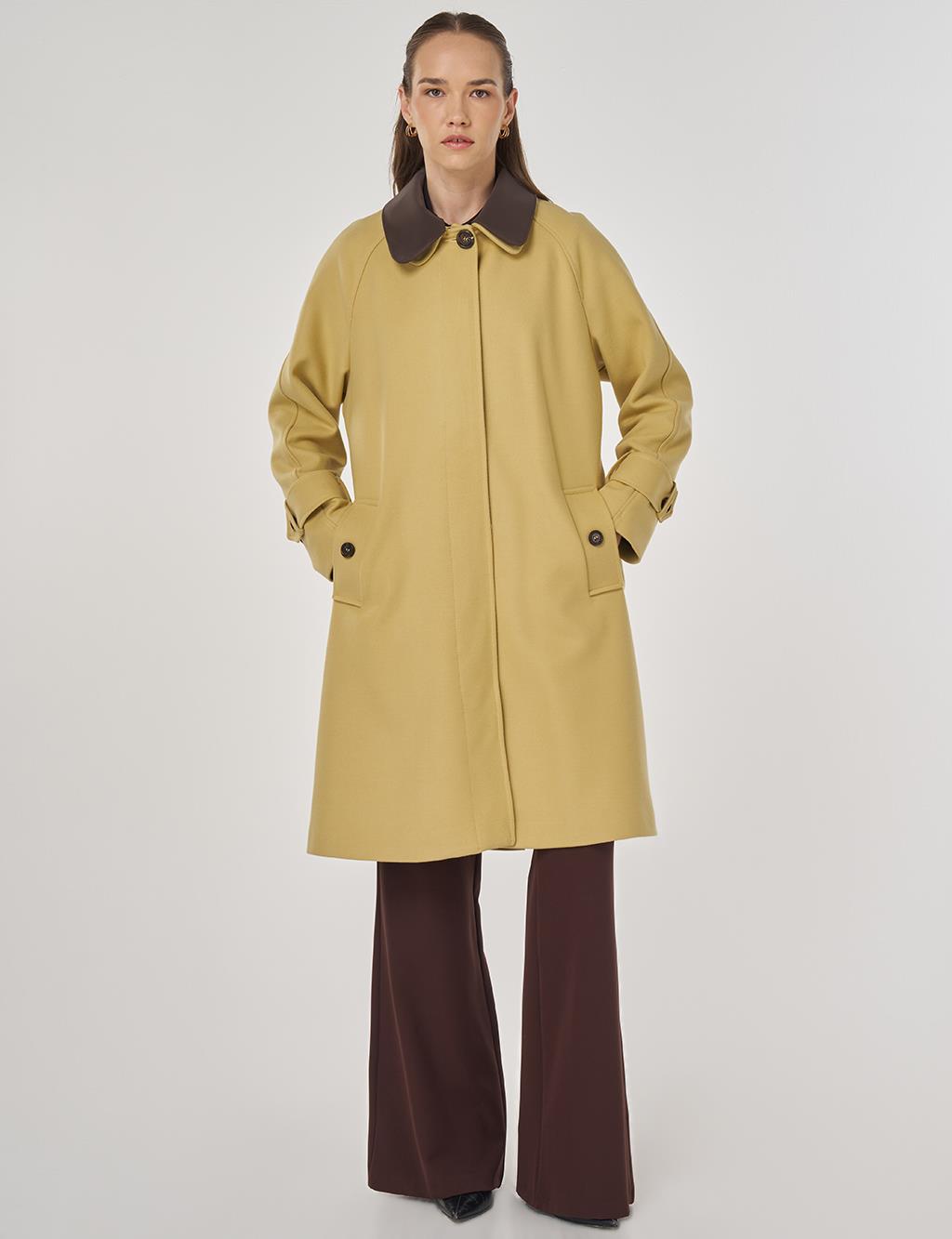 Deri Yakalı Kaşe Kaban Sarı 