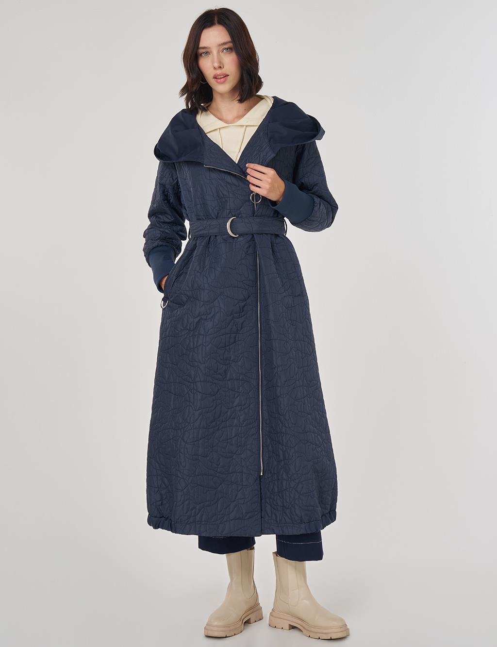 Embossed Pattern Hooded Throw-On Dark Navy