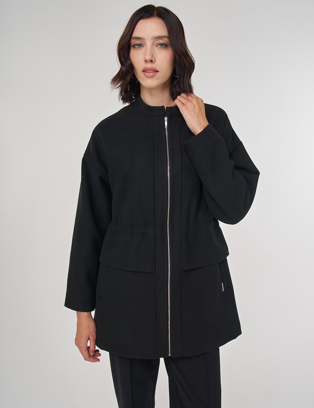 Fermuarlı Kaşe Ceket Siyah 