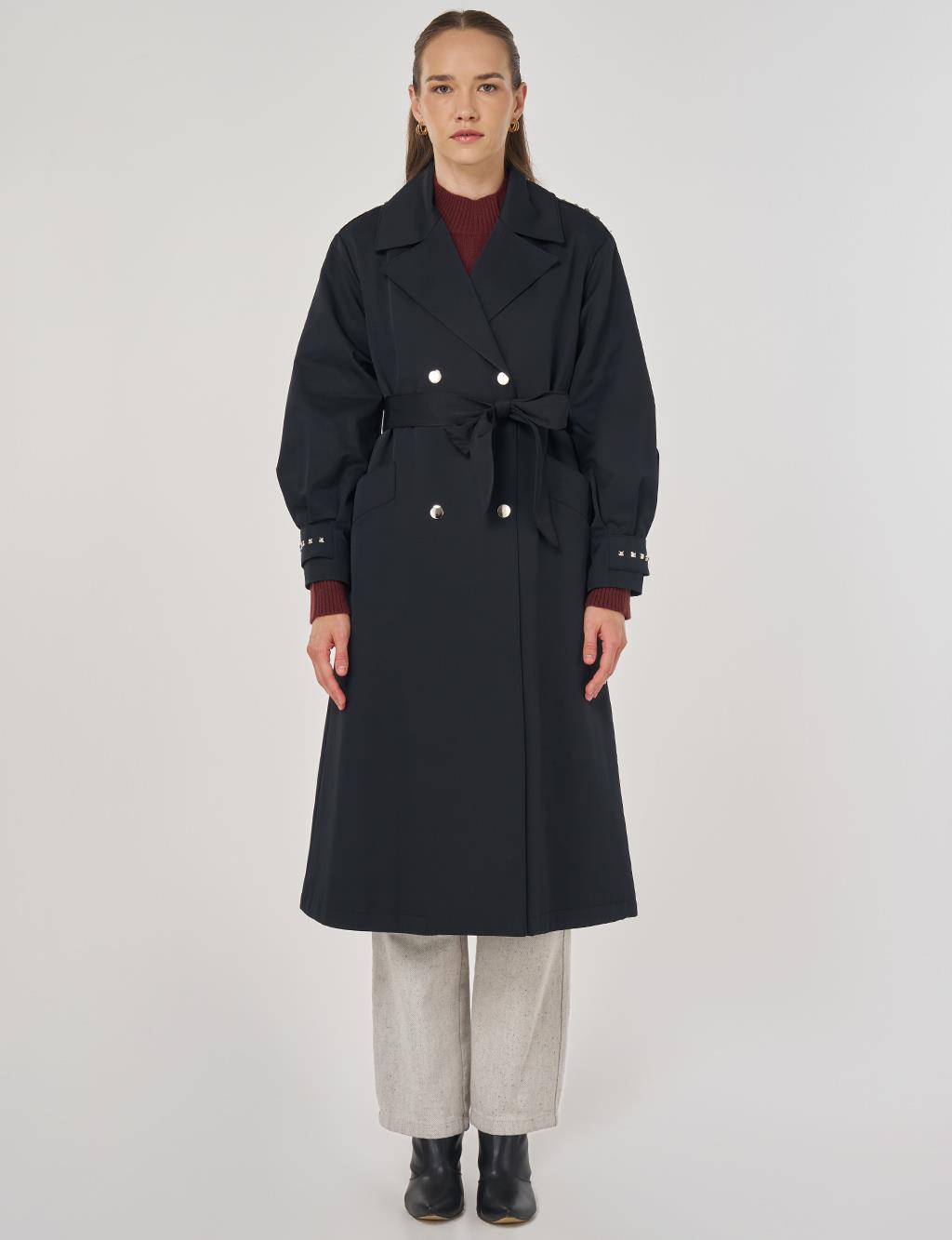 Trok Baskılı Trençkot Siyah