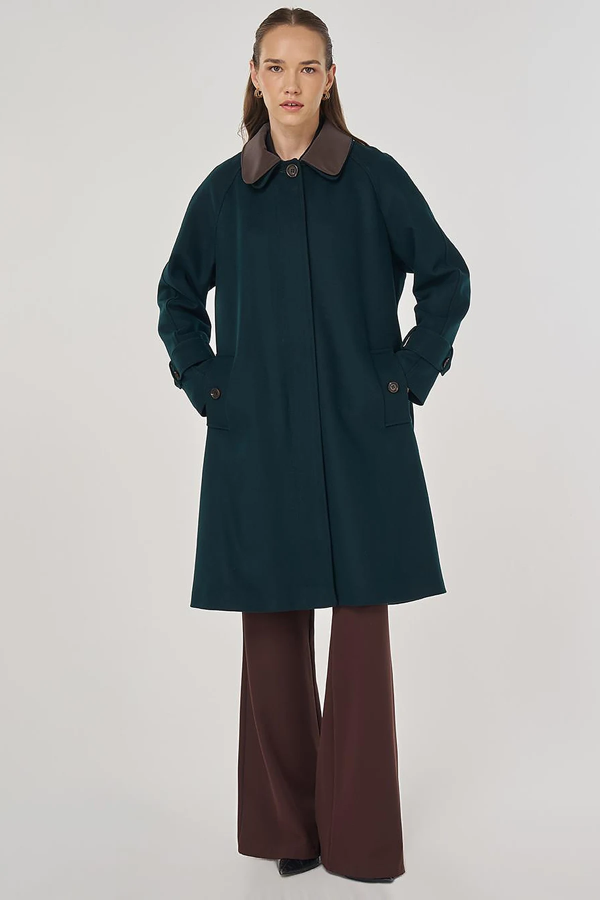 Leather Collared Wool Blend Coat Dark Green