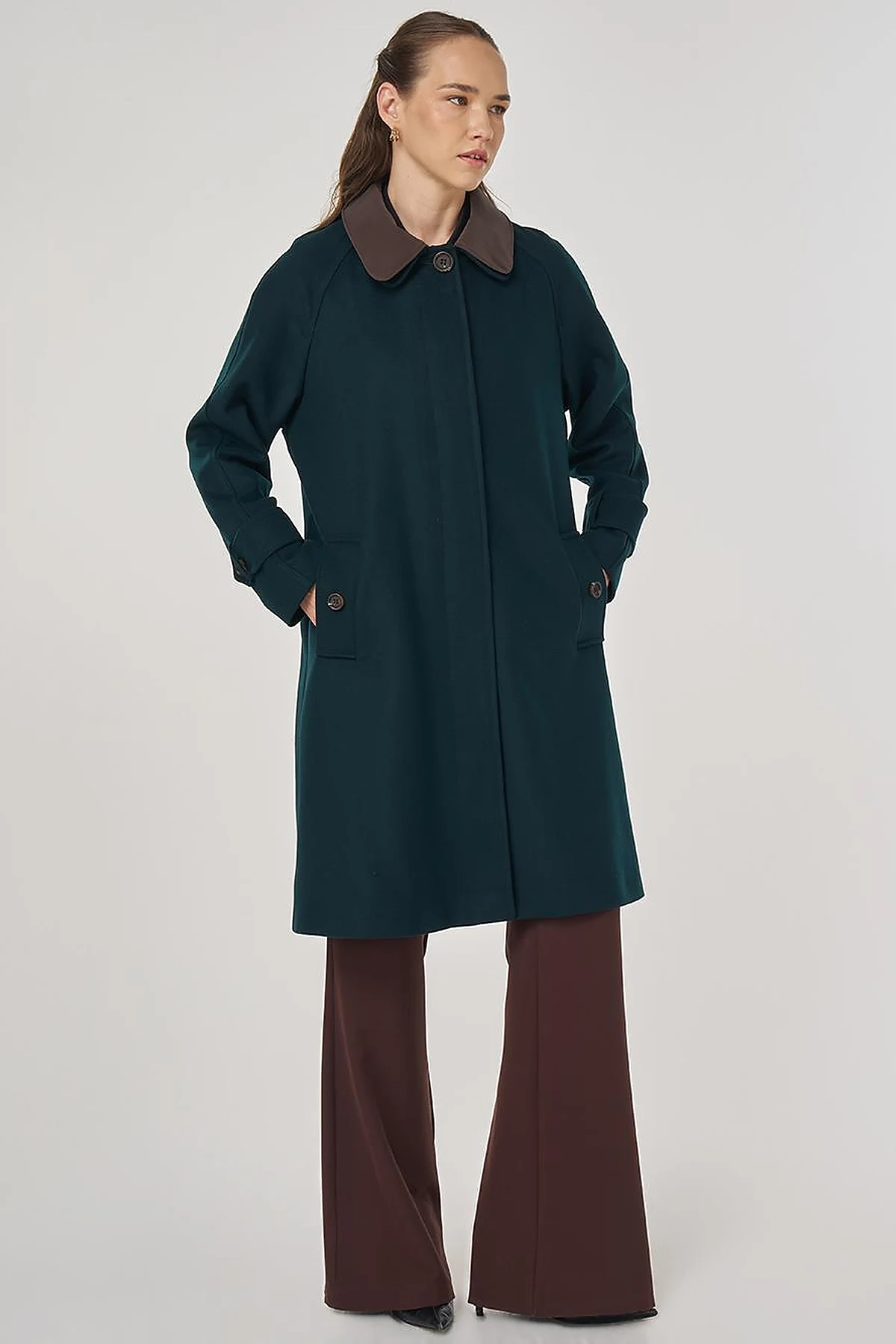 Leather Collared Wool Blend Coat Dark Green