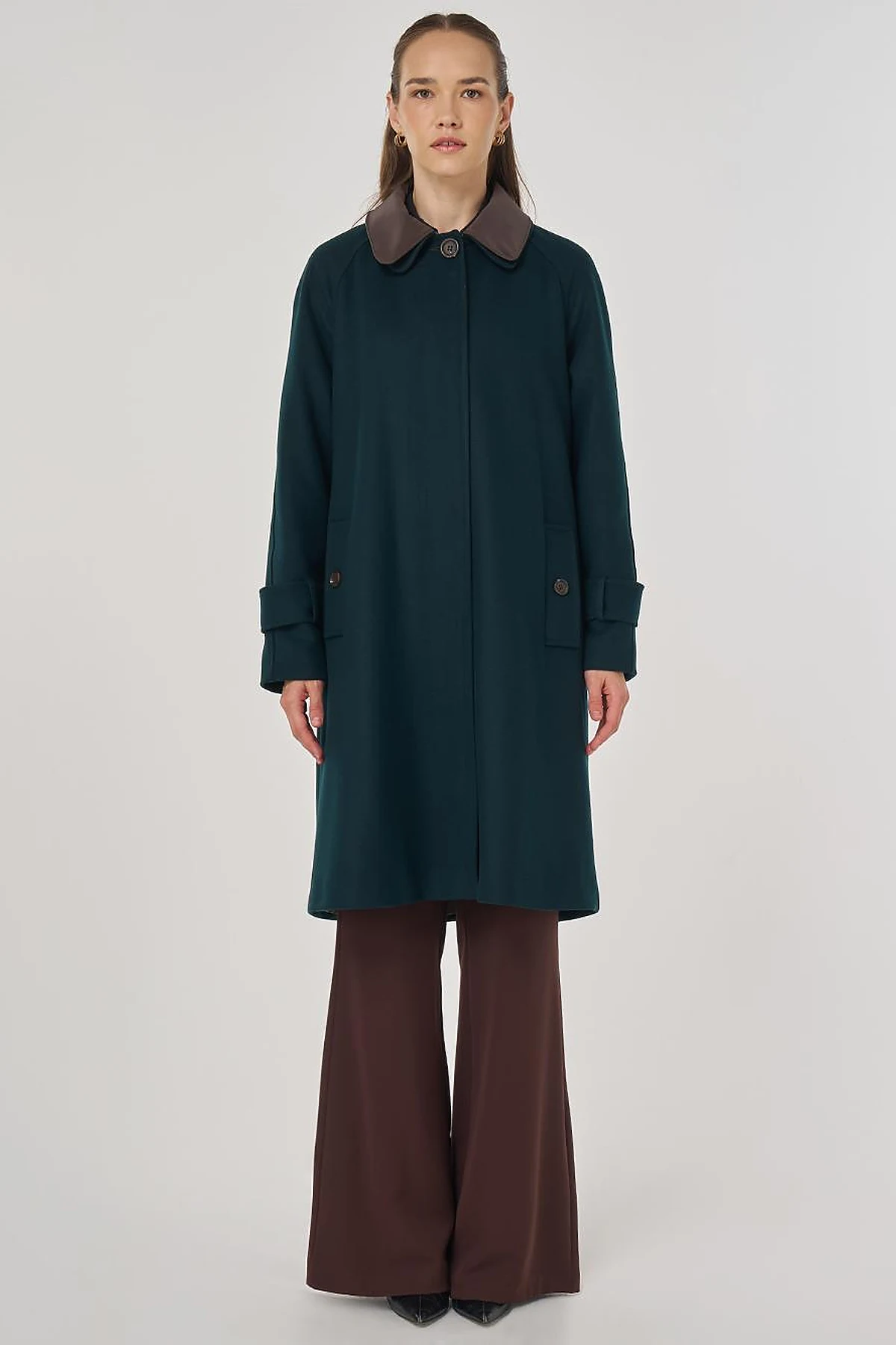 Leather Collared Wool Blend Coat Dark Green