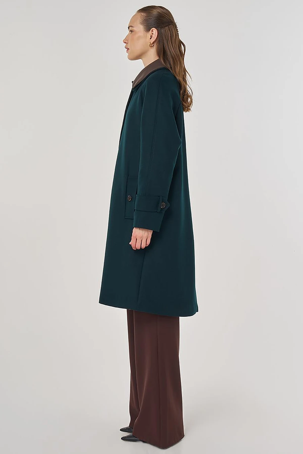 Leather Collared Wool Blend Coat Dark Green