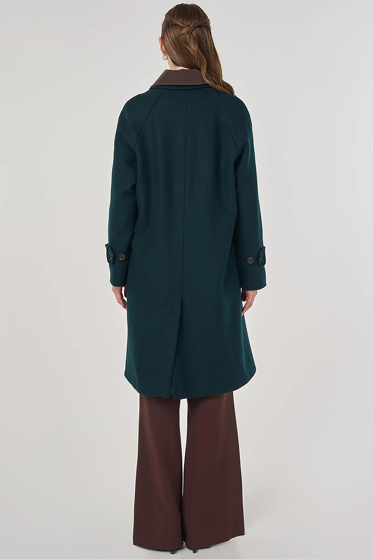 Leather Collared Wool Blend Coat Dark Green