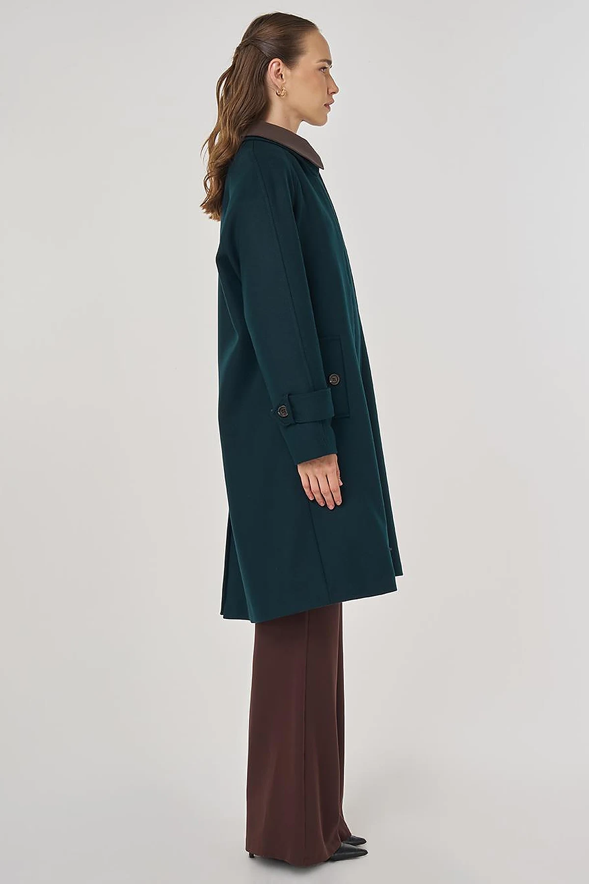 Leather Collared Wool Blend Coat Dark Green