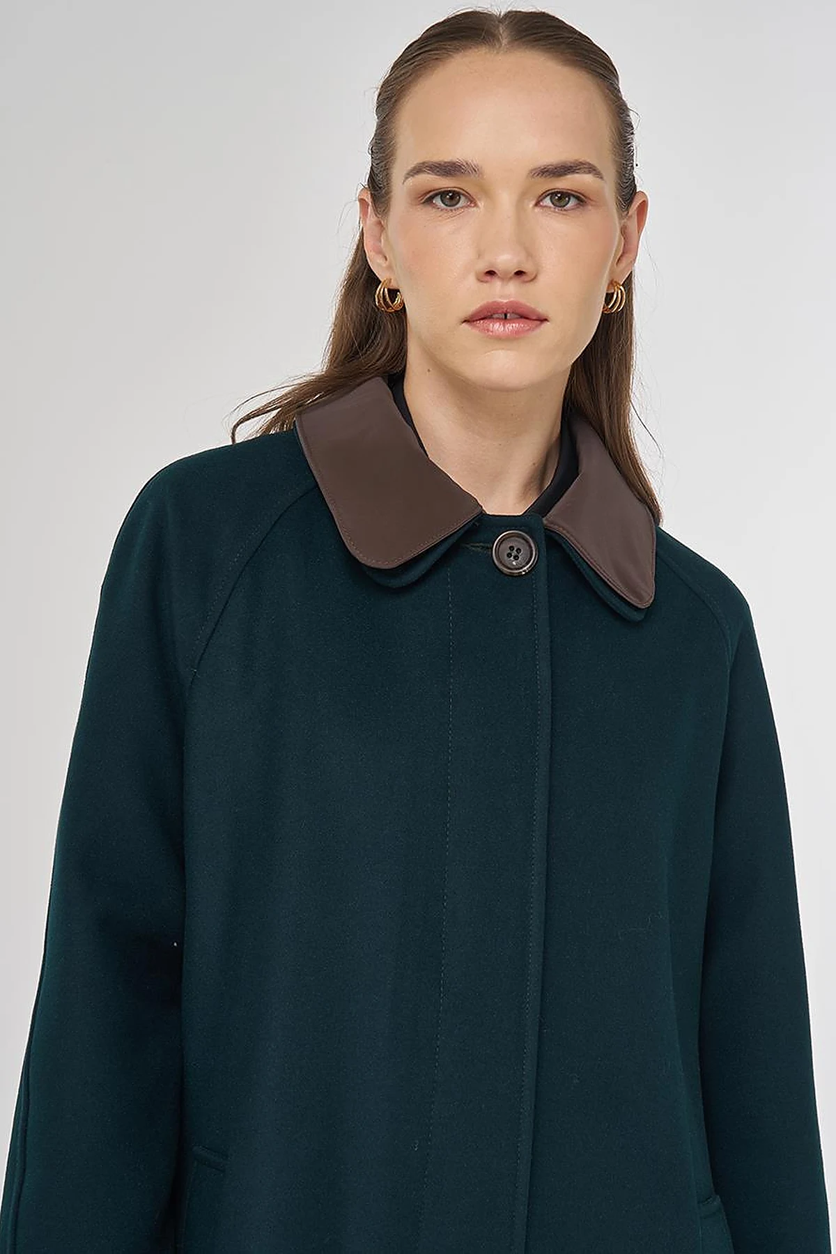 Leather Collared Wool Blend Coat Dark Green