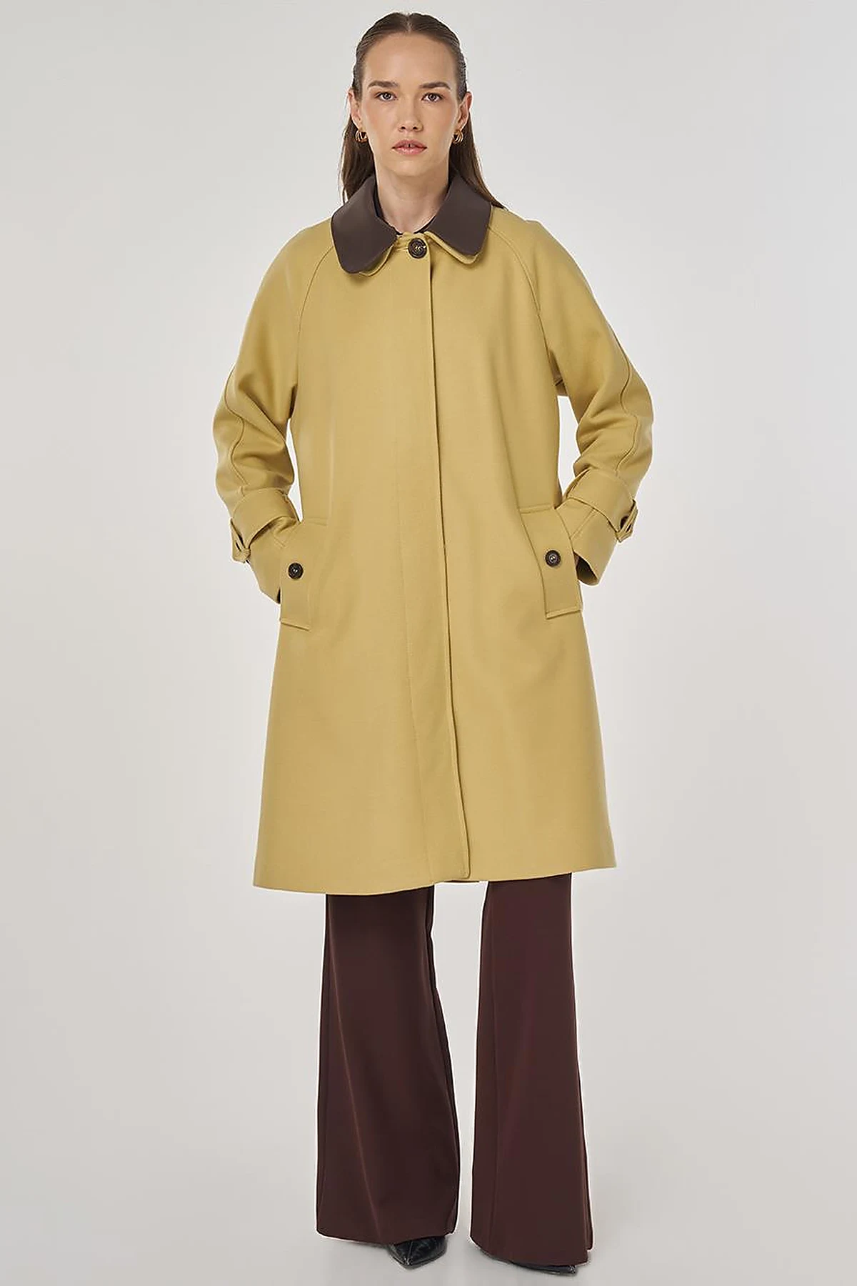 Leather Collared Wool Blend Coat Yellow