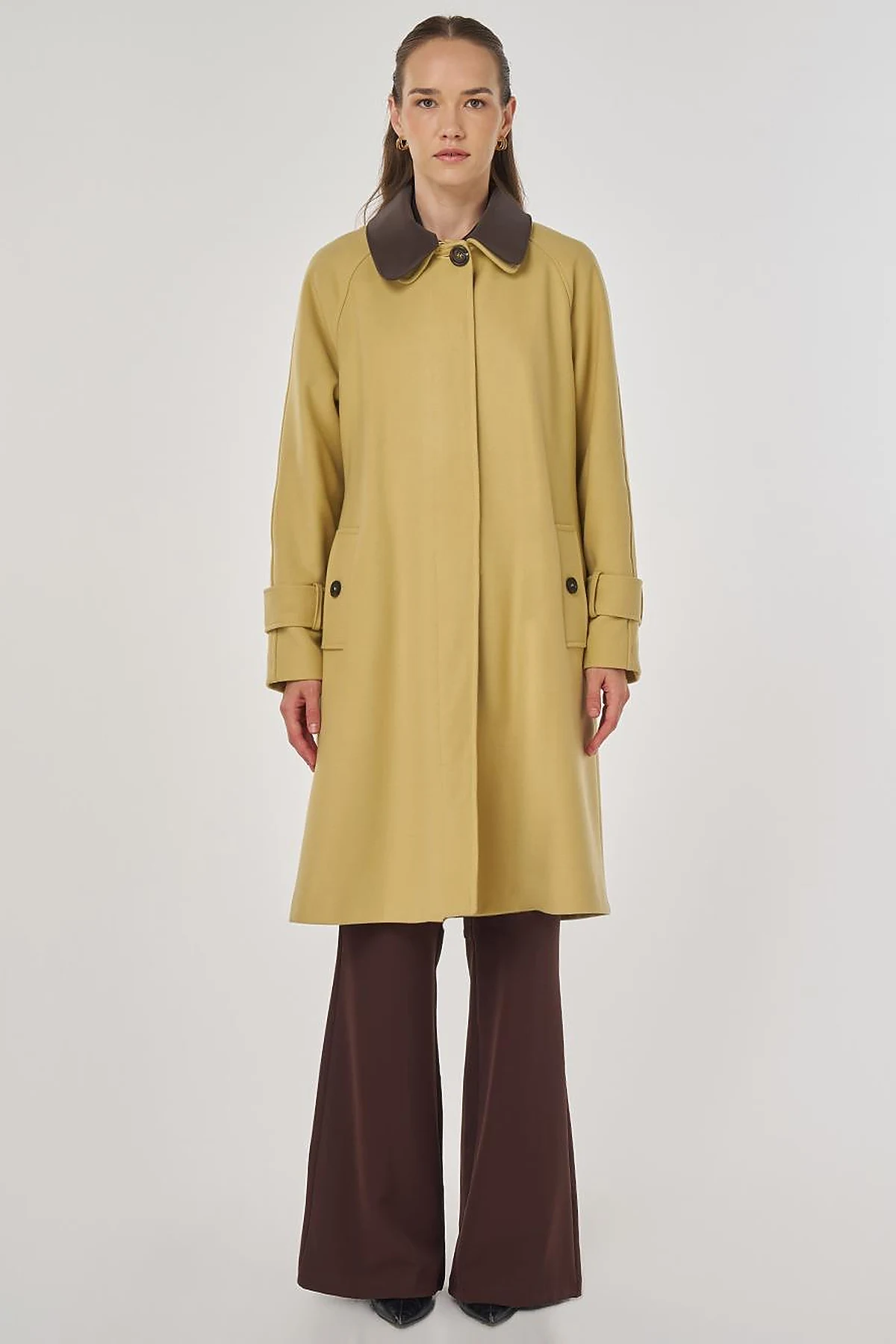 Leather Collared Wool Blend Coat Yellow