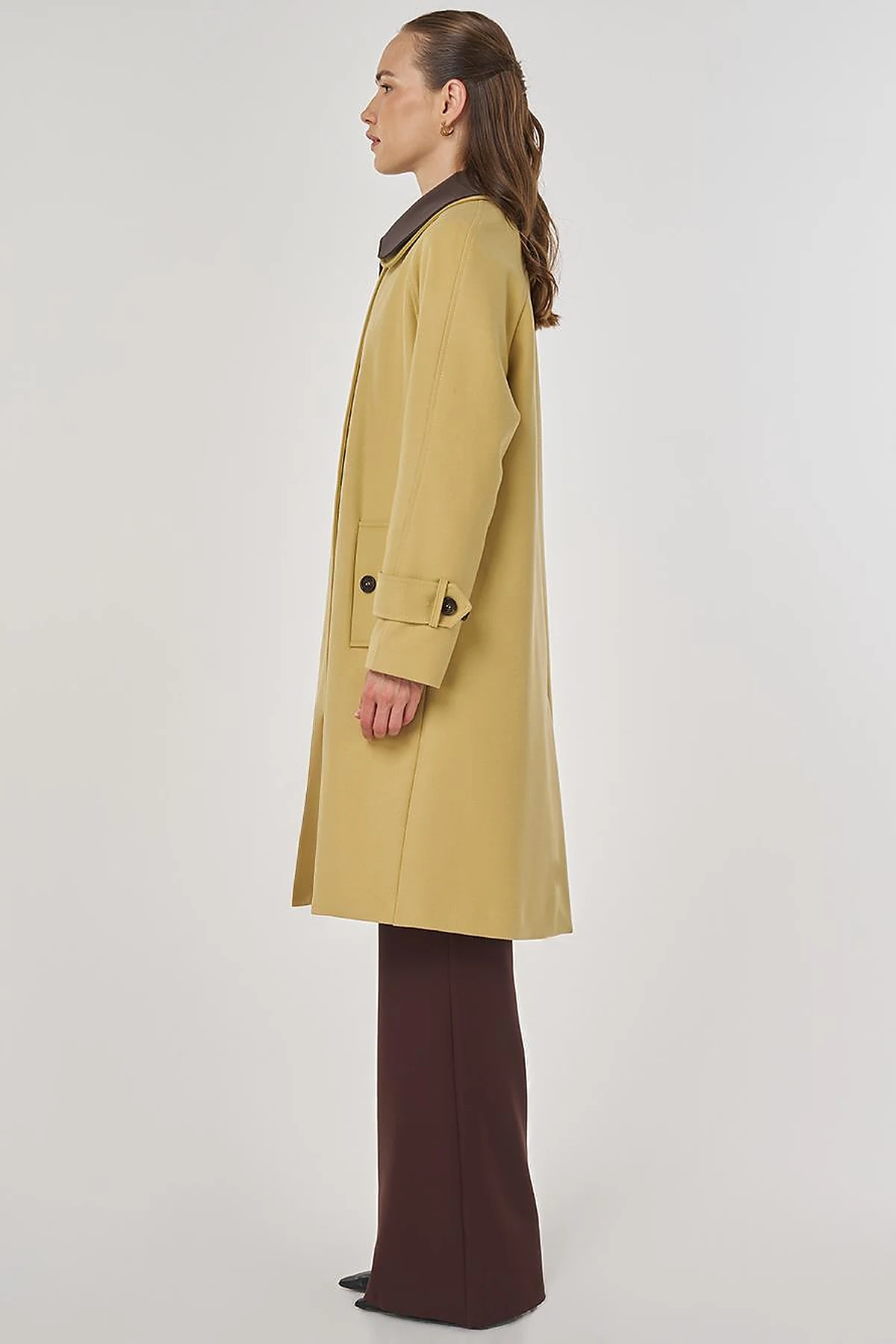 Leather Collared Wool Blend Coat Yellow