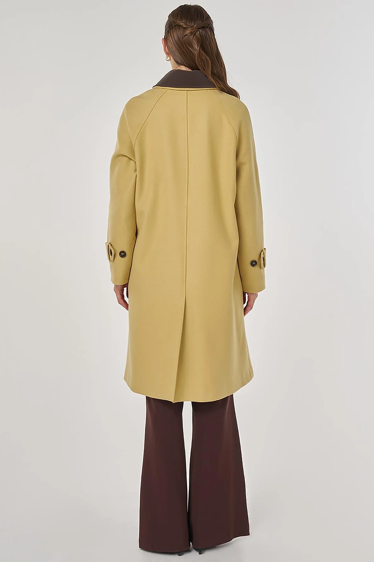 Leather Collared Wool Blend Coat Yellow