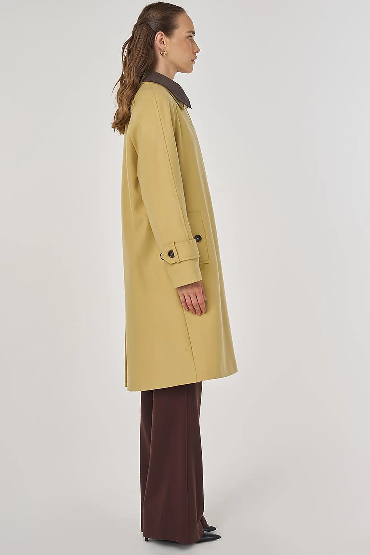 Leather Collared Wool Blend Coat Yellow