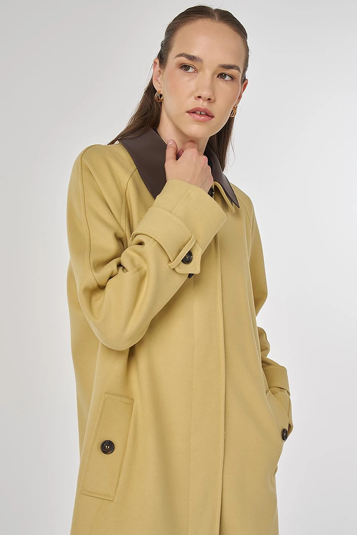 Leather Collared Wool Blend Coat Yellow