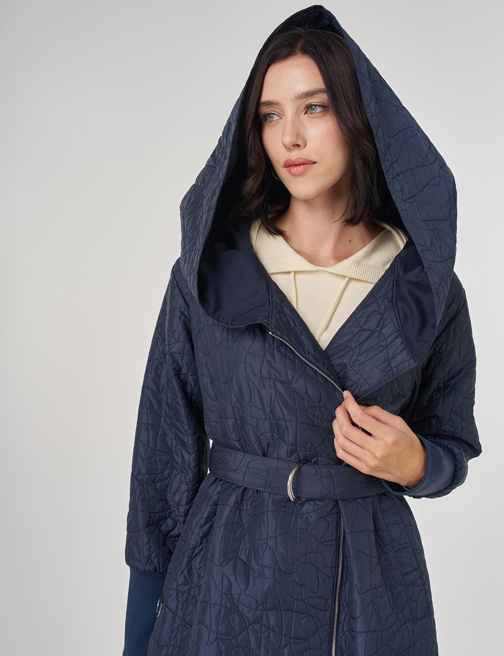 Embossed Pattern Hooded Throw-On Dark Navy