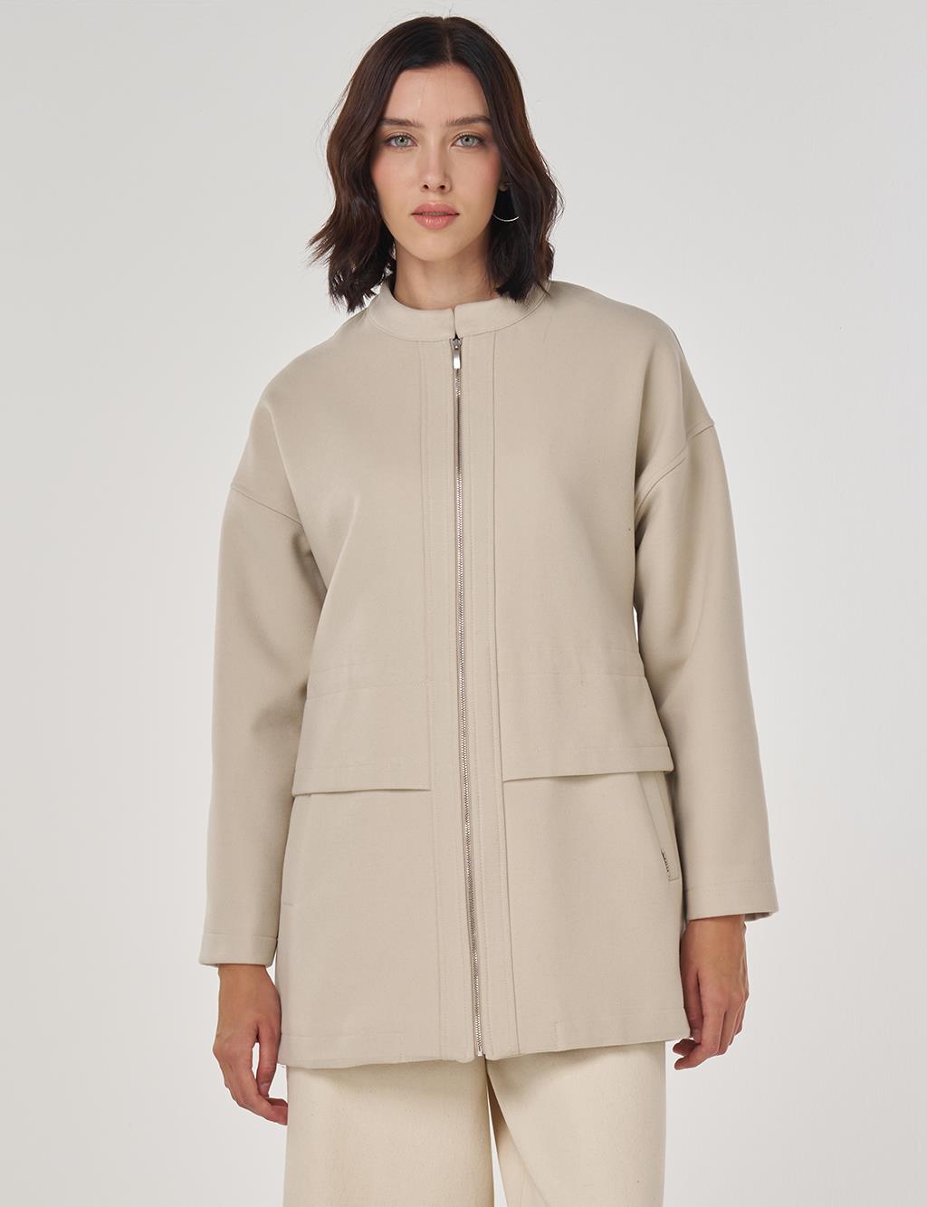 Zippered Wool Blend Jacket Stone