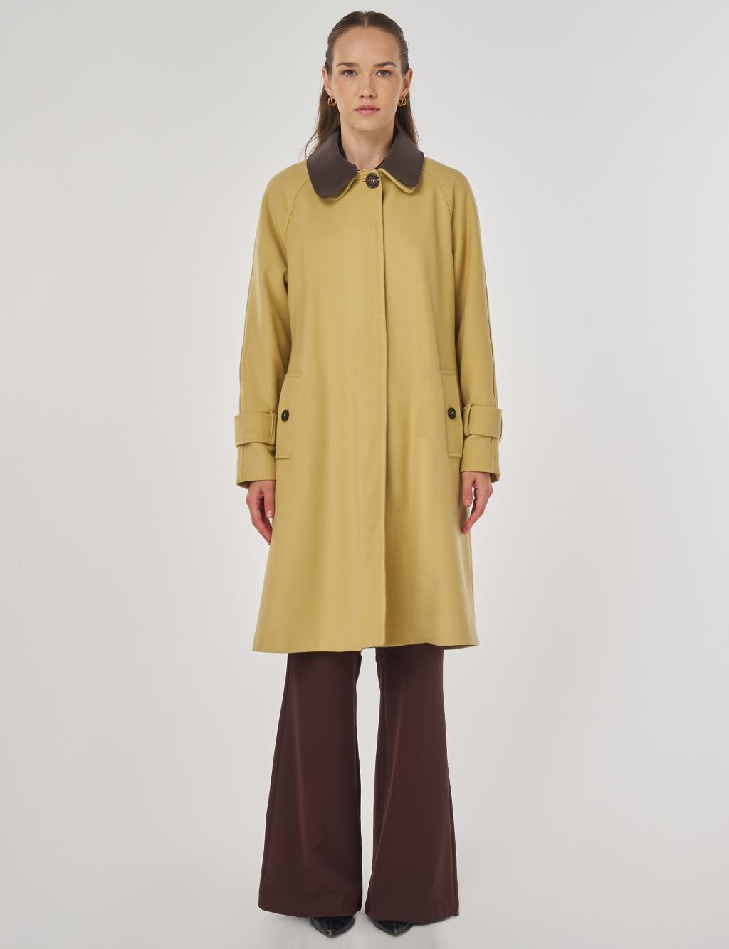 Deri Yakalı Kaşe Kaban Sarı 