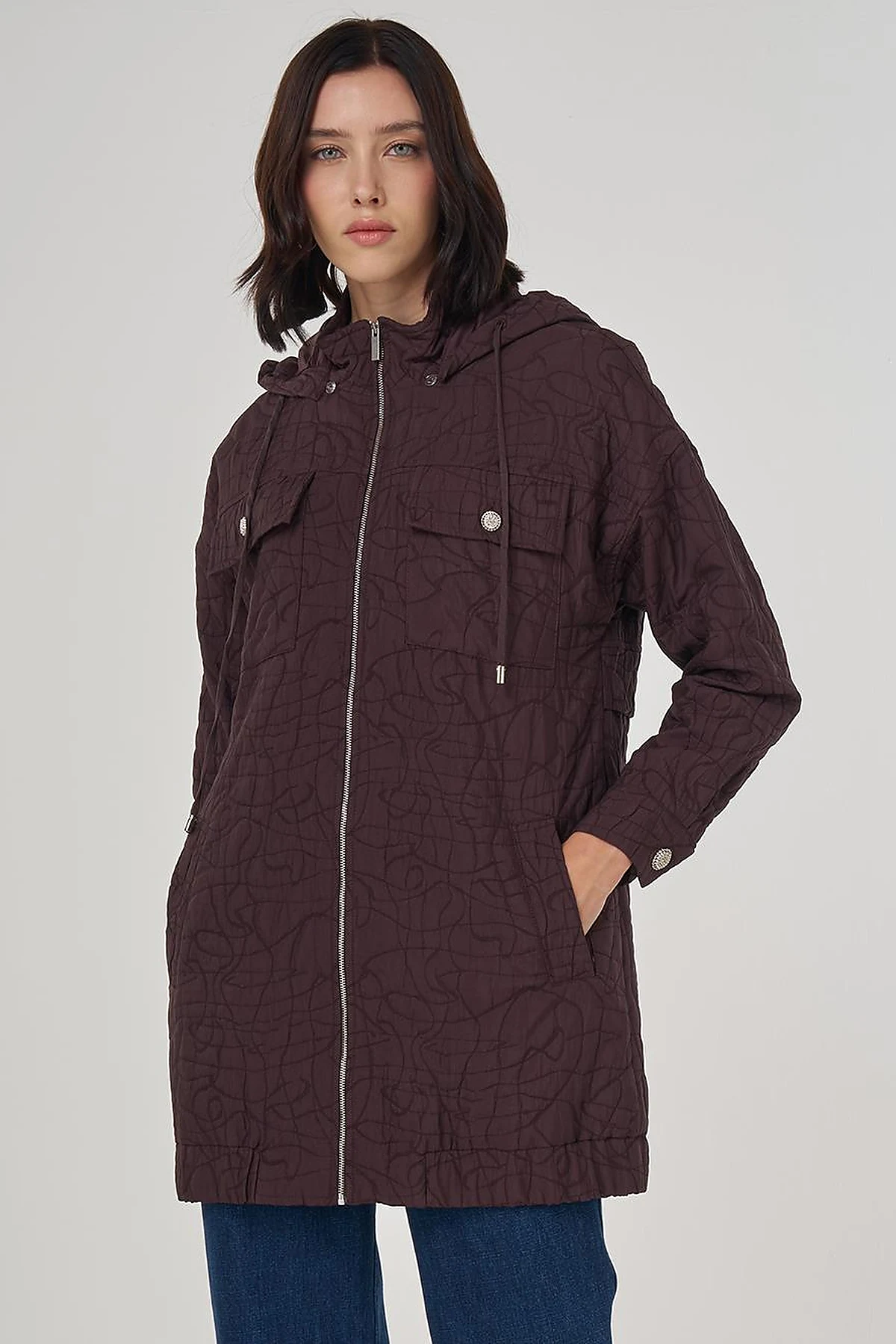 Shiny Button Quilted Overcoat Dark Burgundy