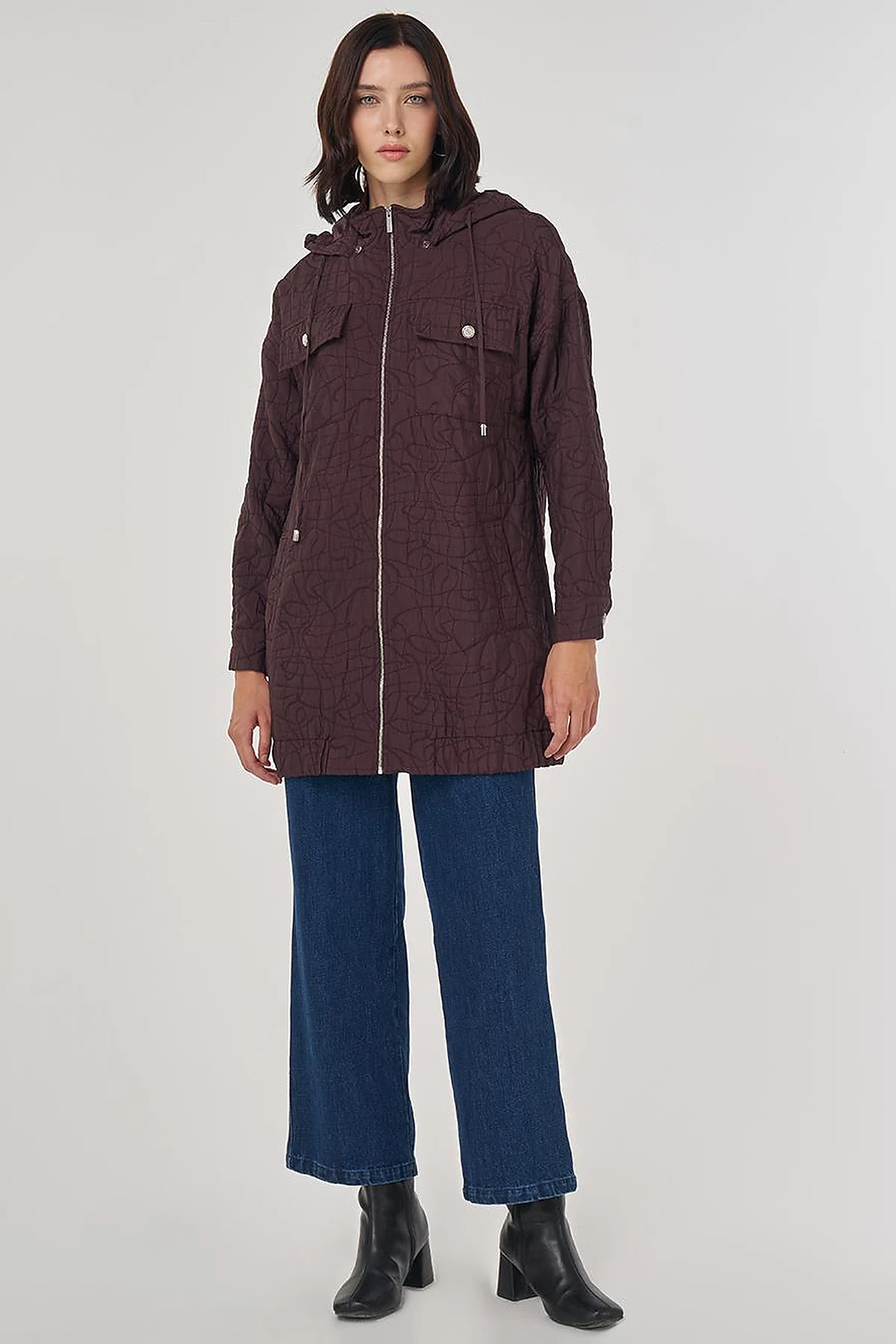 Shiny Button Quilted Overcoat Dark Burgundy