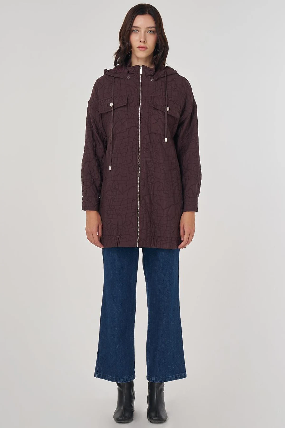 Shiny Button Quilted Overcoat Dark Burgundy