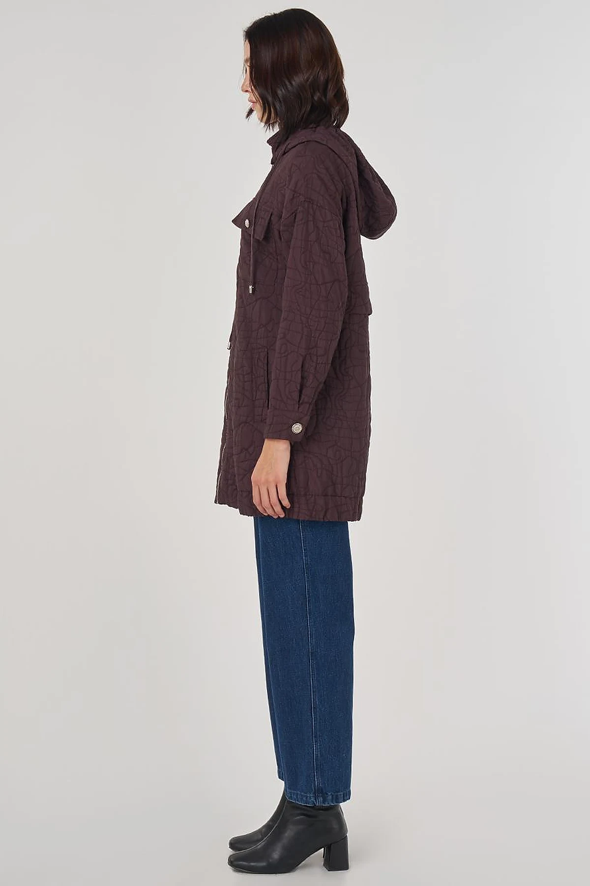 Shiny Button Quilted Overcoat Dark Burgundy