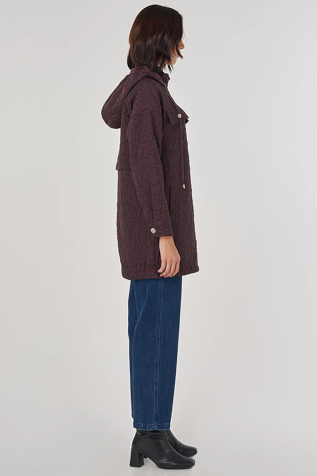 Shiny Button Quilted Overcoat Dark Burgundy