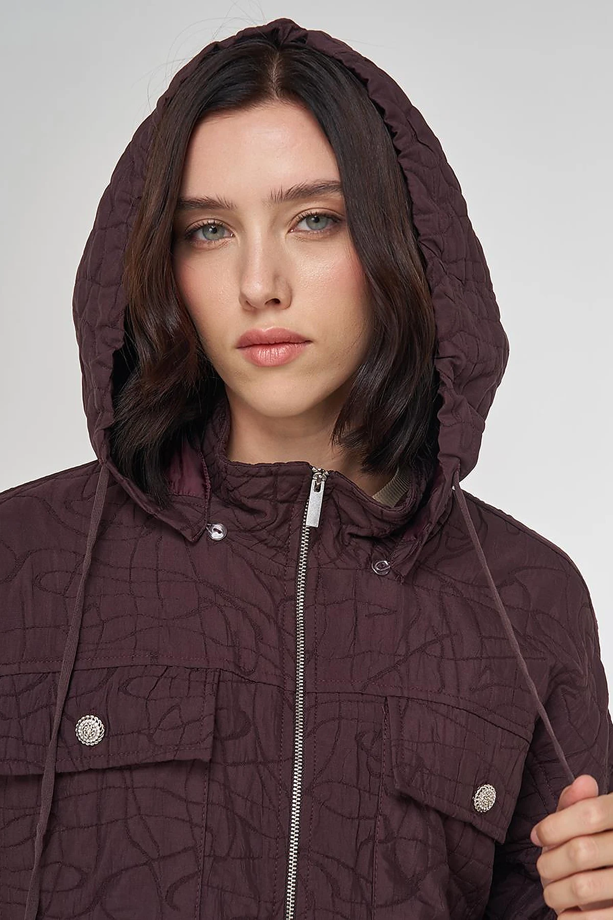 Shiny Button Quilted Overcoat Dark Burgundy