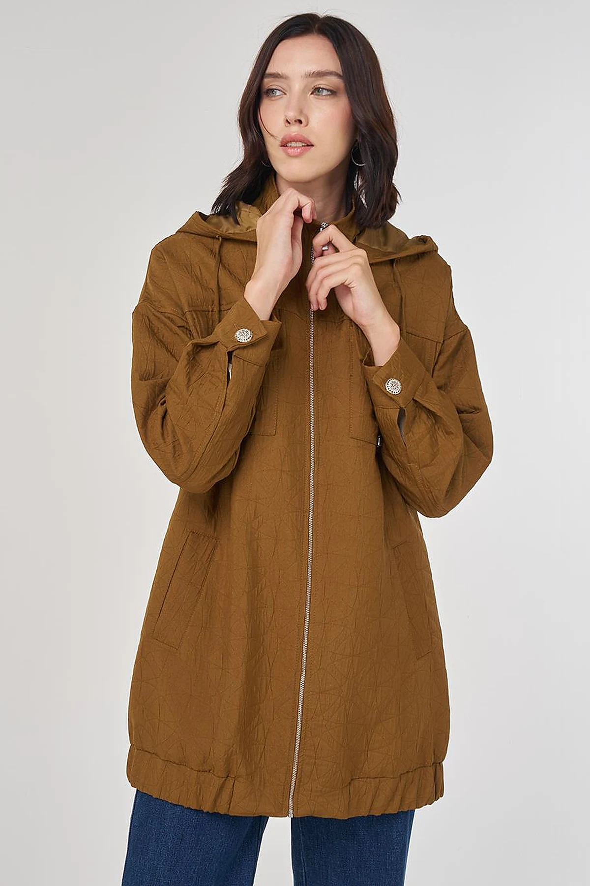 Shiny Button Quilted Overcoat Dark Olive