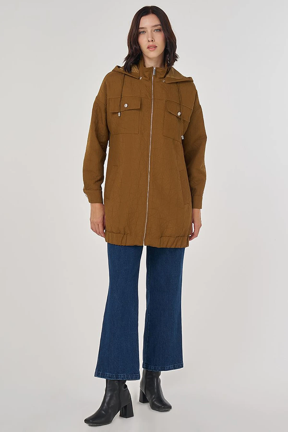 Shiny Button Quilted Overcoat Dark Olive