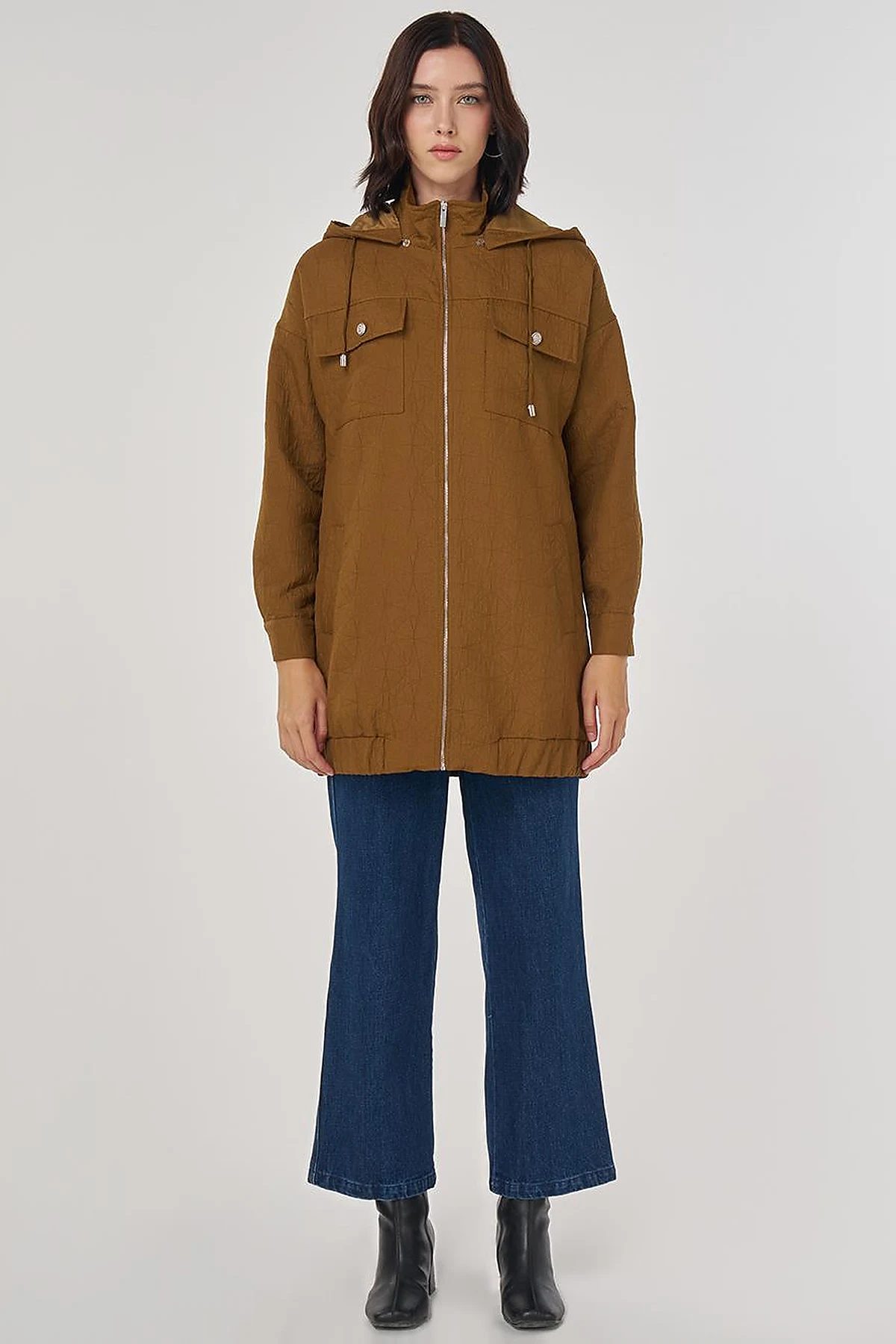 Shiny Button Quilted Overcoat Dark Olive