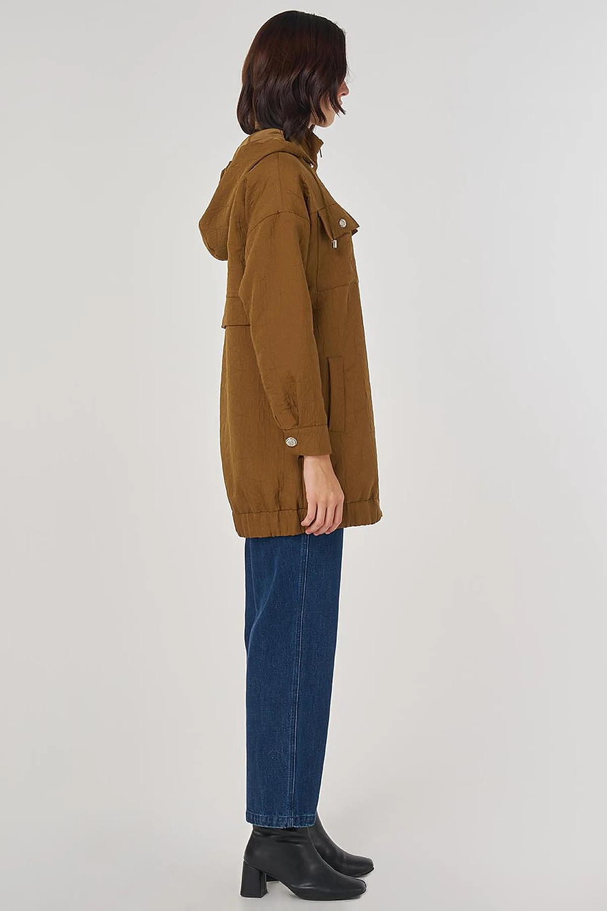 Shiny Button Quilted Overcoat Dark Olive