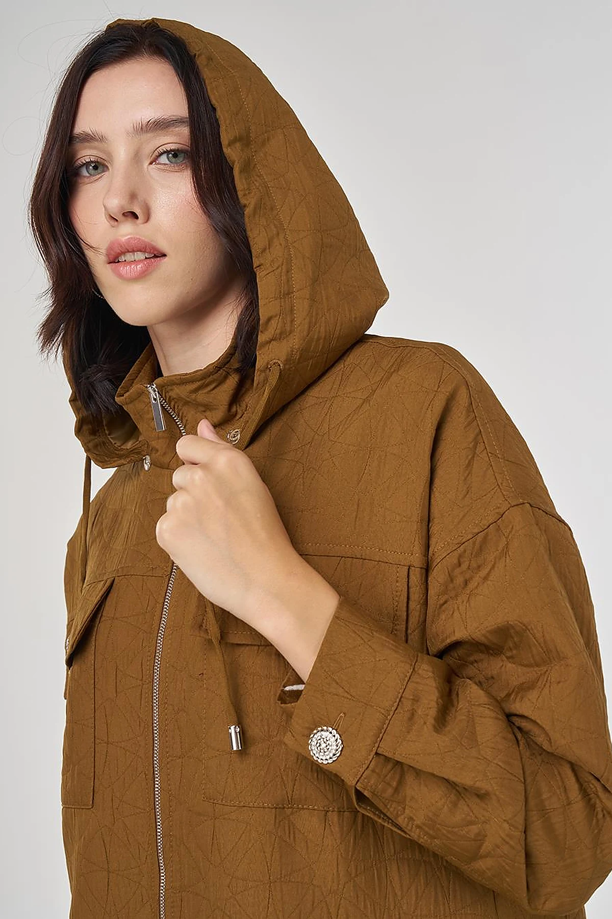 Shiny Button Quilted Overcoat Dark Olive
