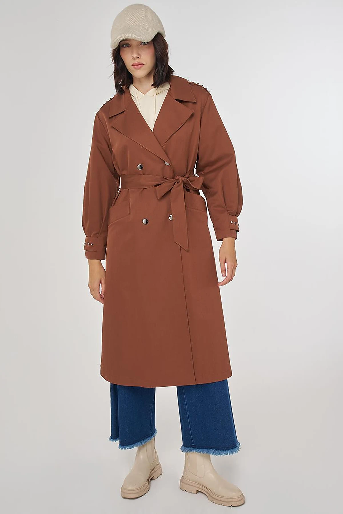 Stud Printed Trench Coat Brown