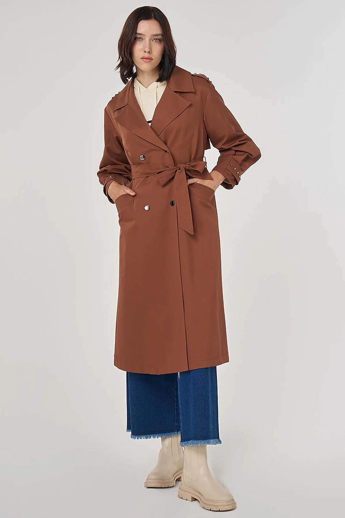 Stud Printed Trench Coat Brown