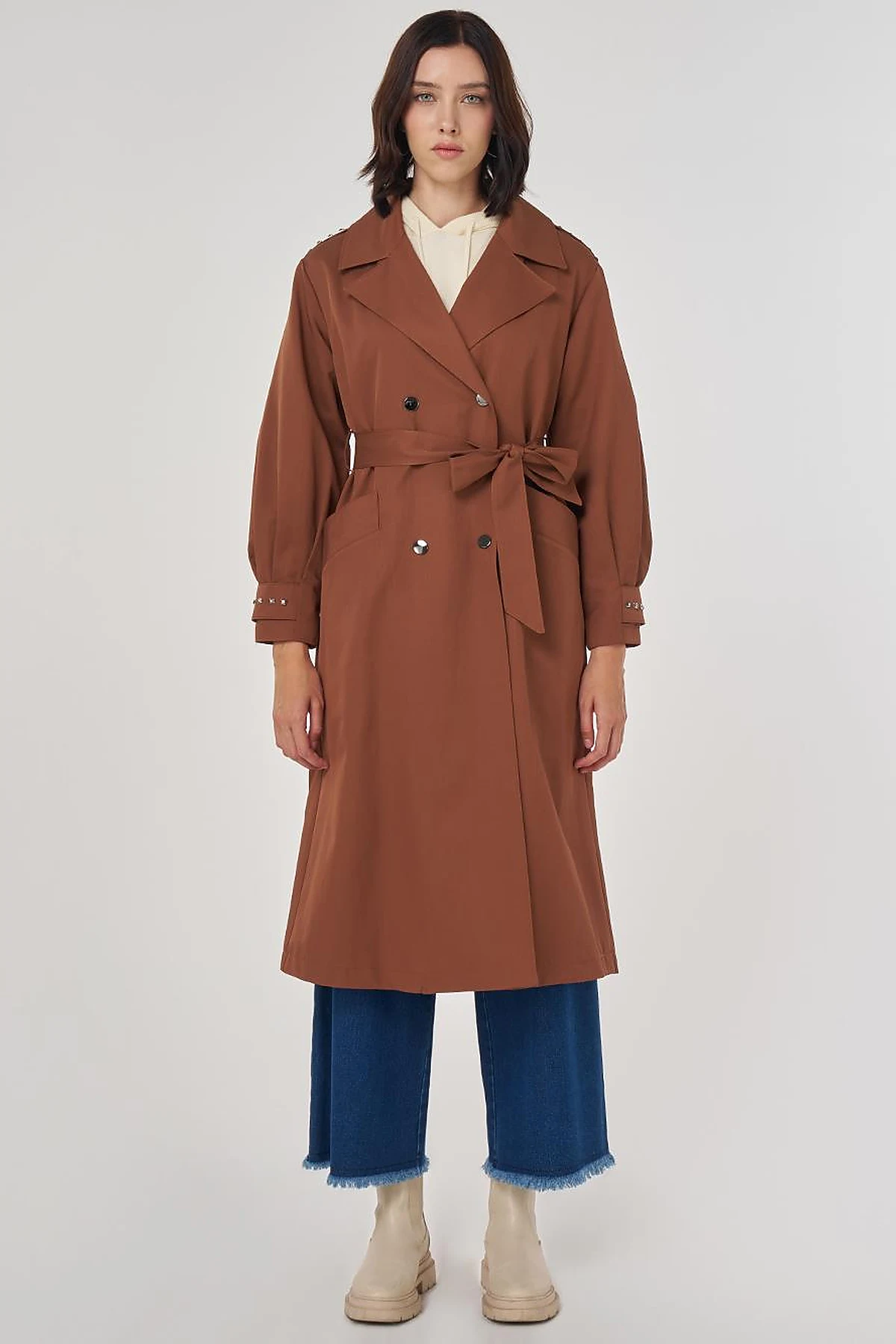 Stud Printed Trench Coat Brown