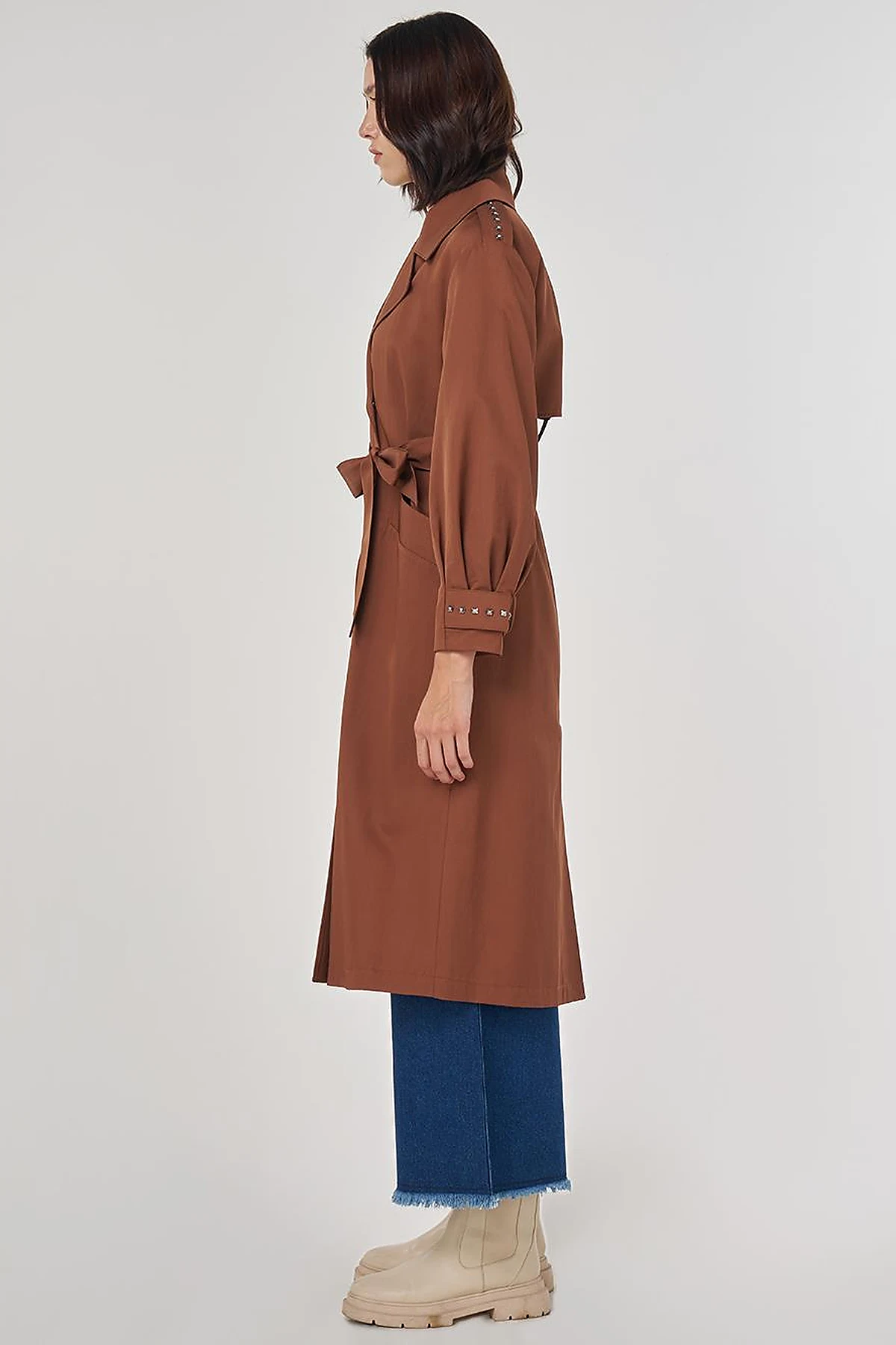 Stud Printed Trench Coat Brown
