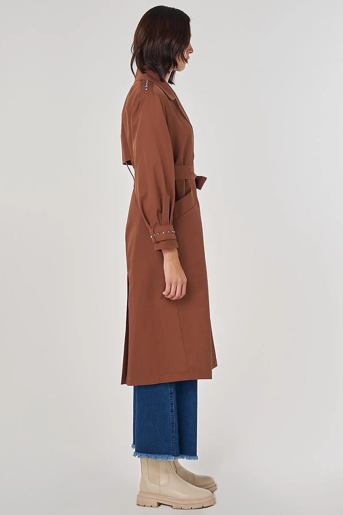 Stud Printed Trench Coat Brown