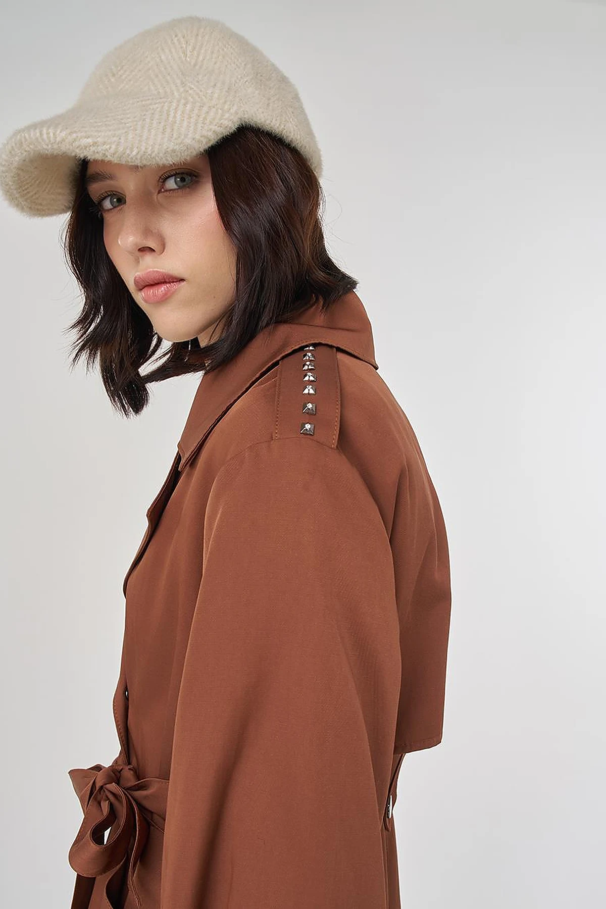 Stud Printed Trench Coat Brown