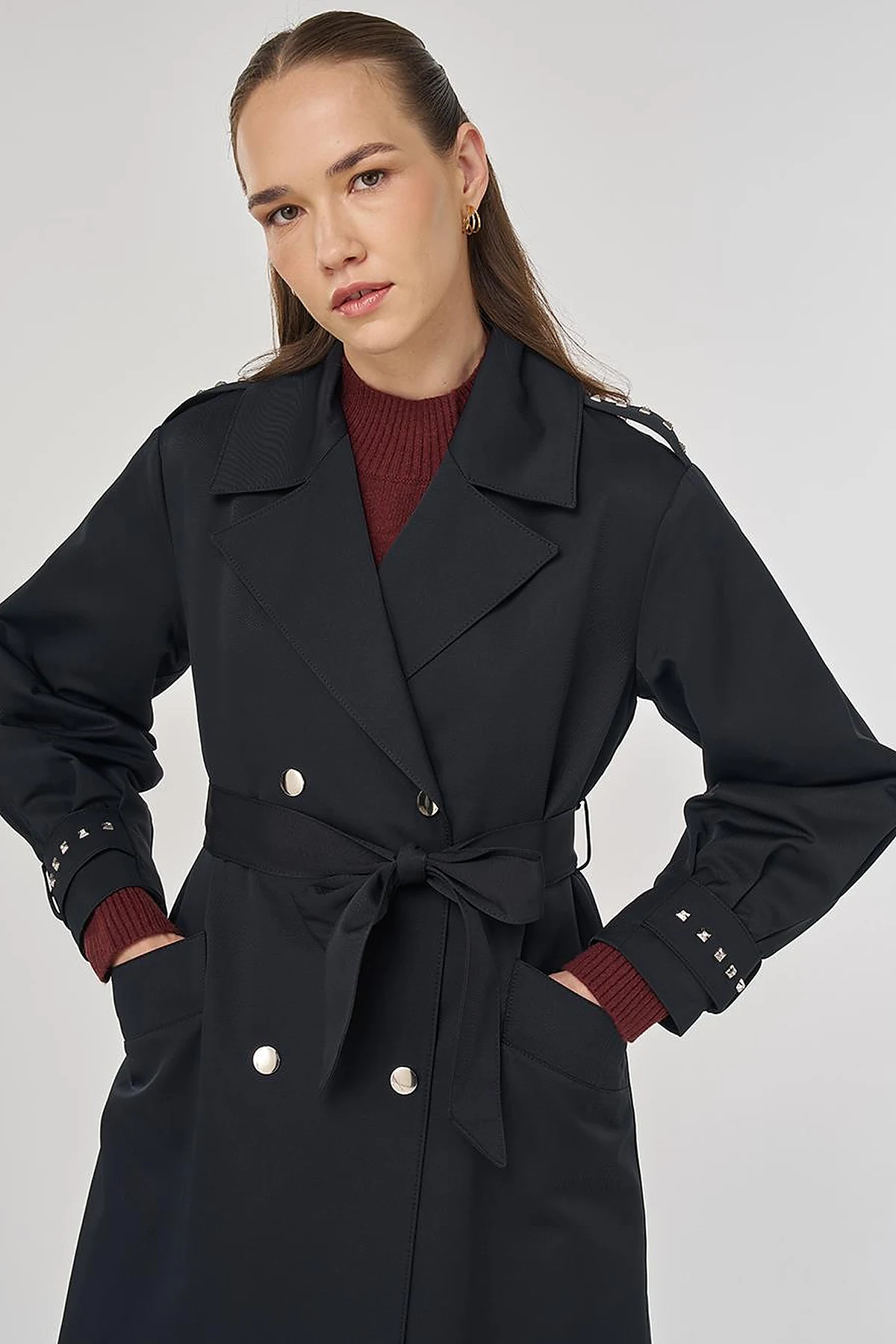 Stud Printed Trench Coat Black