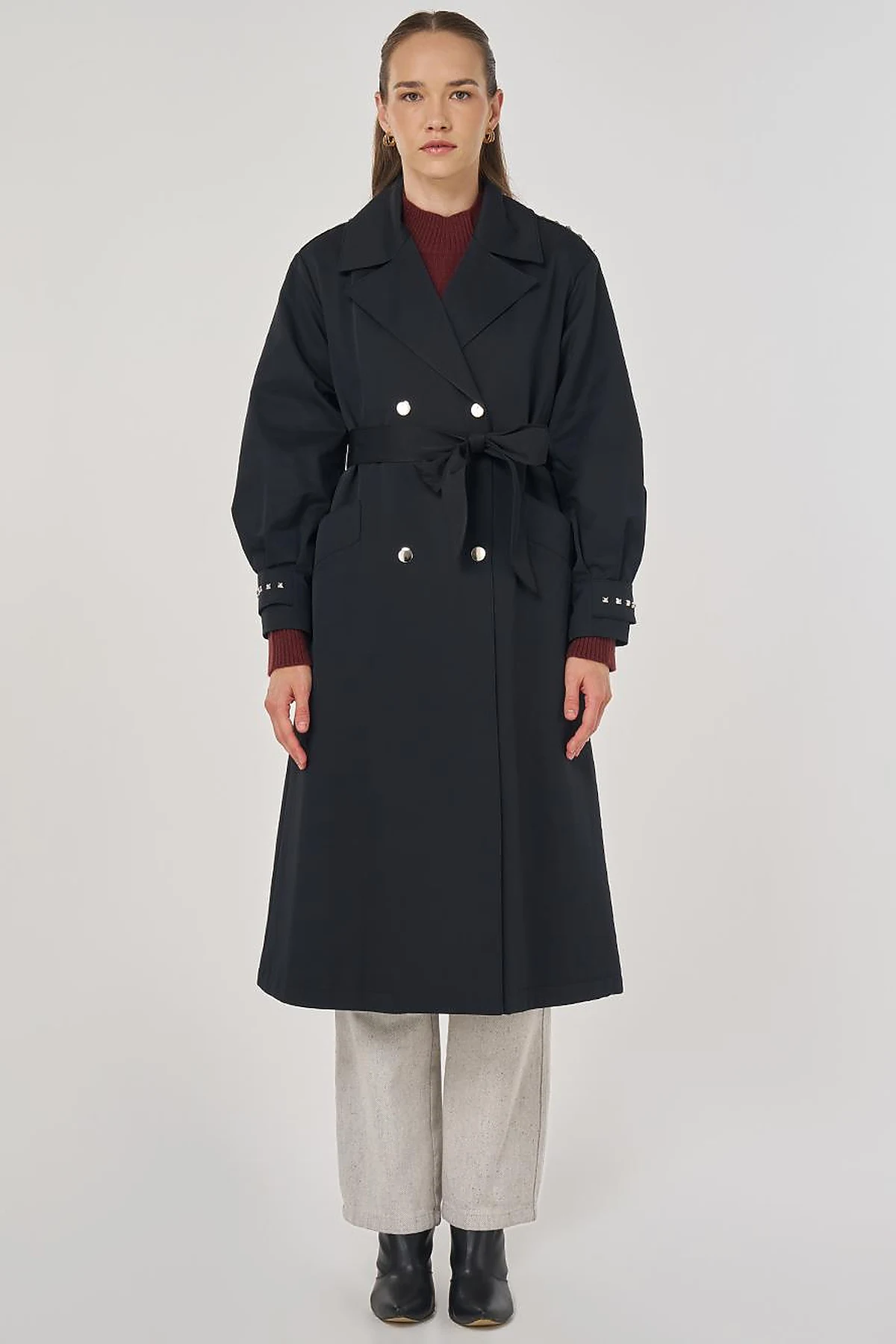 Stud Printed Trench Coat Black