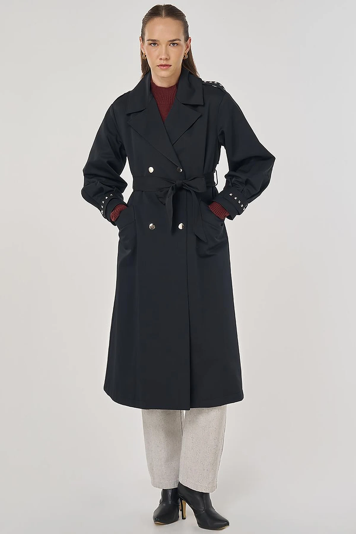 Stud Printed Trench Coat Black
