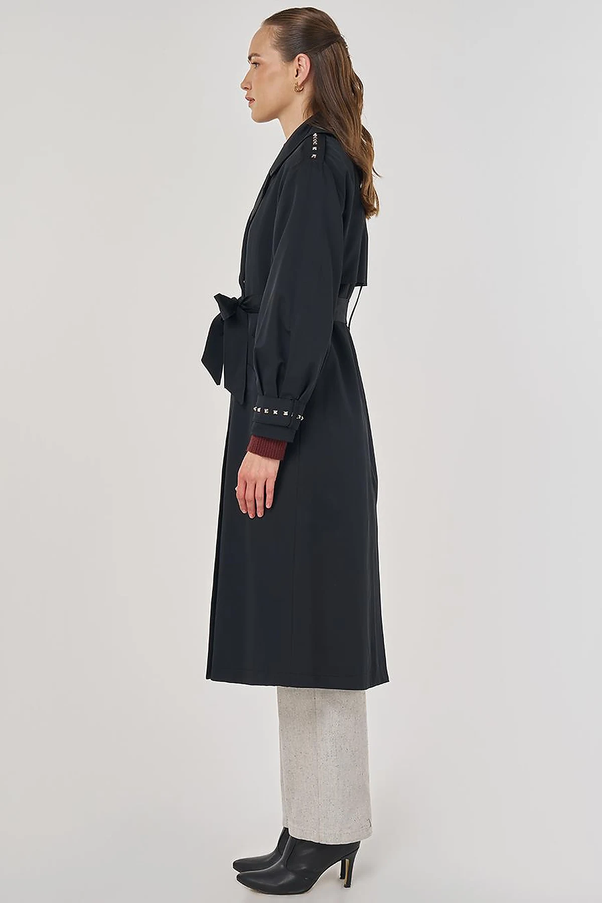 Stud Printed Trench Coat Black