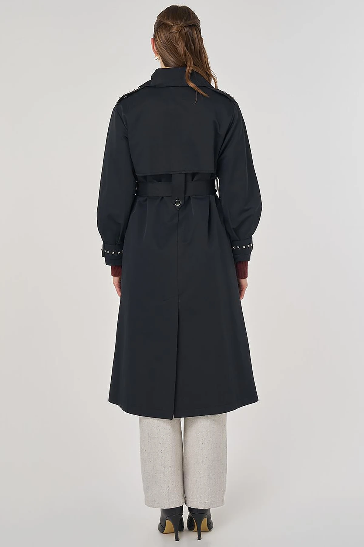Stud Printed Trench Coat Black