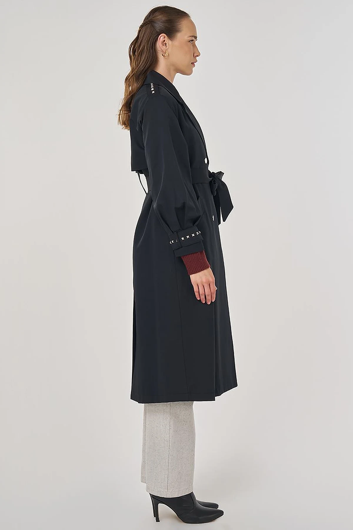 Stud Printed Trench Coat Black