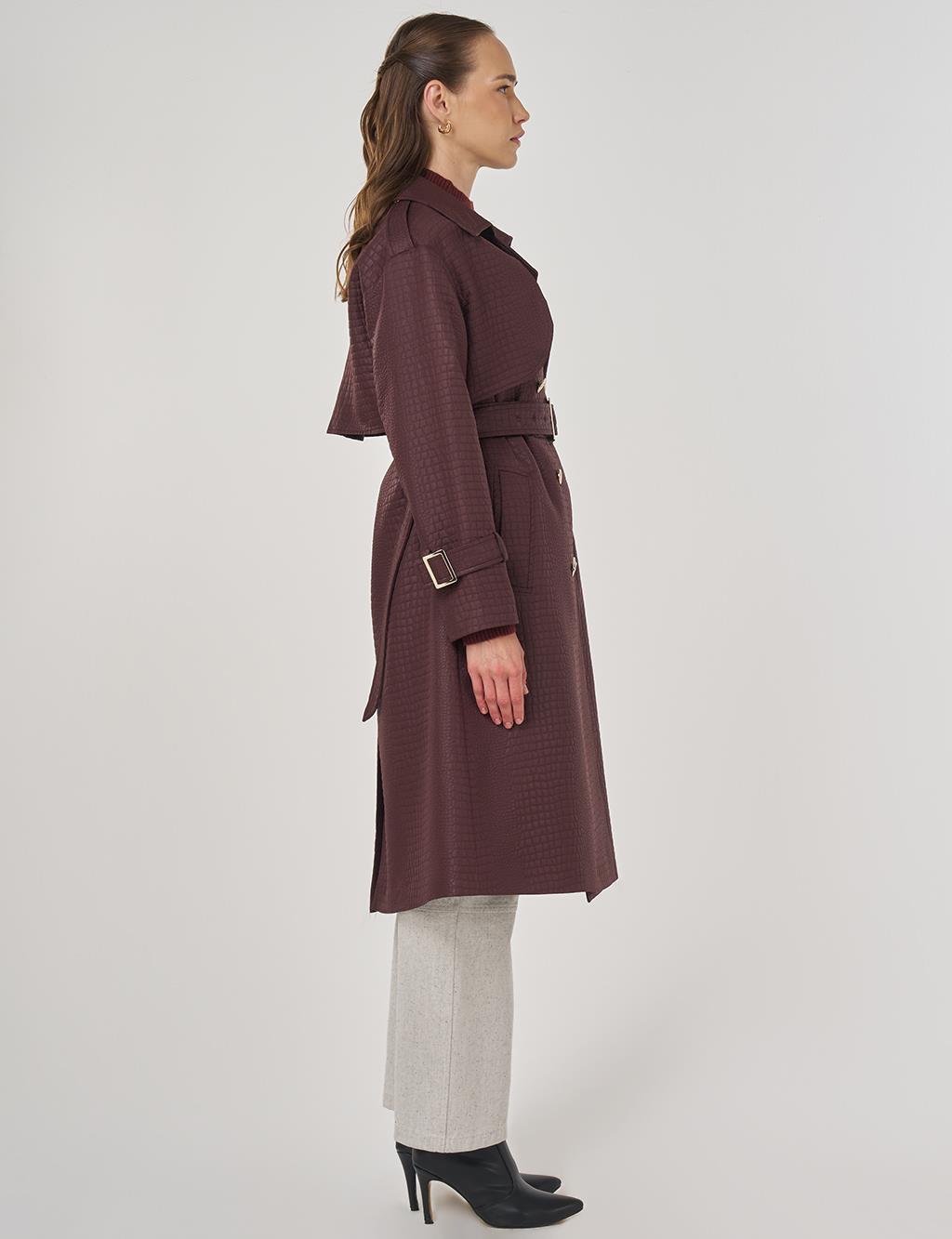 Buckle Detailed Embossed Trench Coat Dark Burgundy