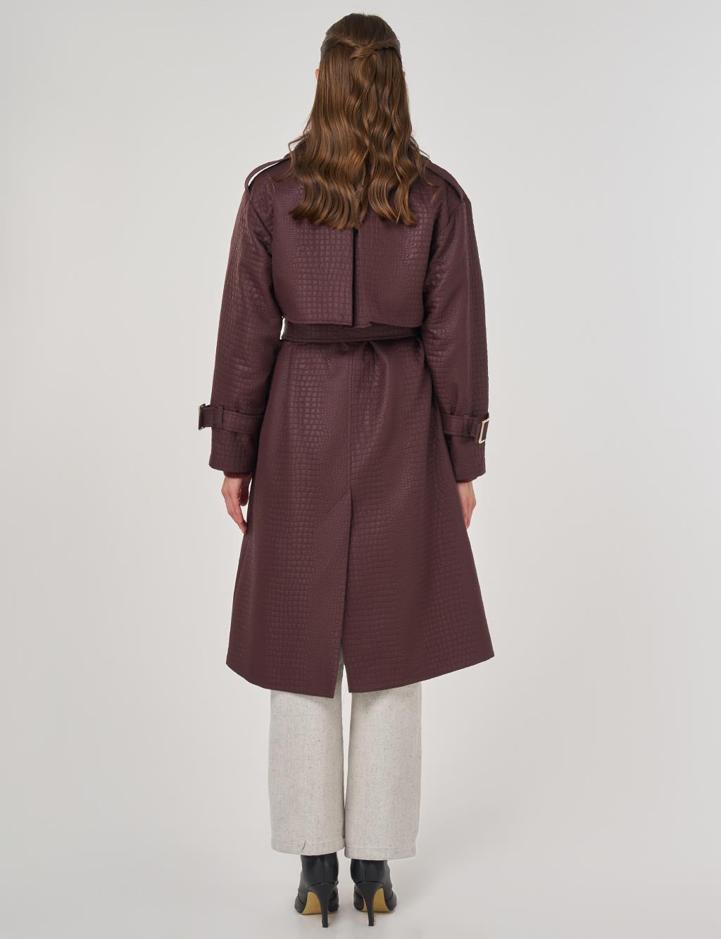 Buckle Detailed Embossed Trench Coat Dark Burgundy