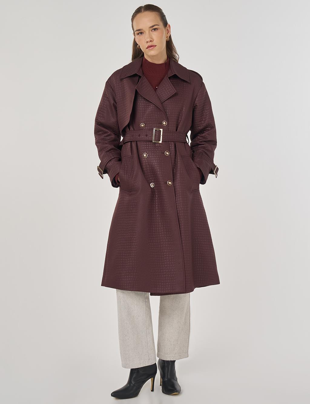 Buckle Detailed Embossed Trench Coat Dark Burgundy