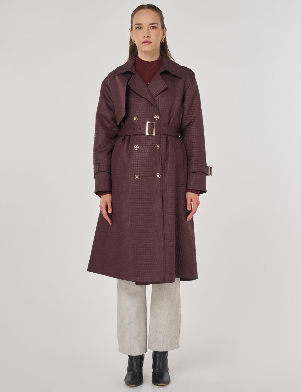 Buckle Detailed Embossed Trench Coat Dark Burgundy