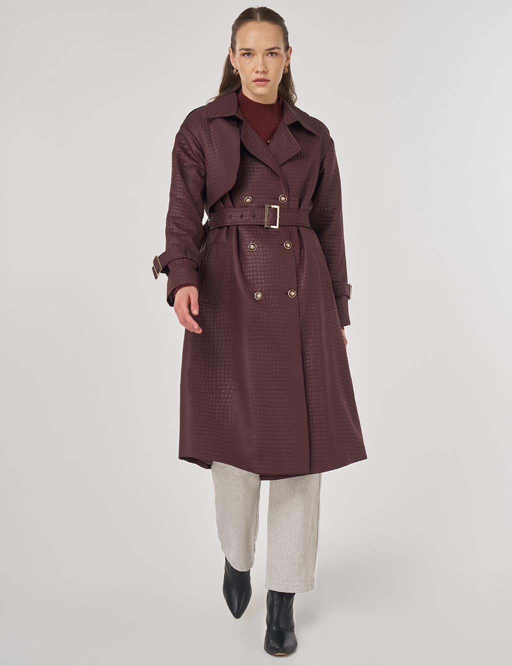 Buckle Detailed Embossed Trench Coat Dark Burgundy