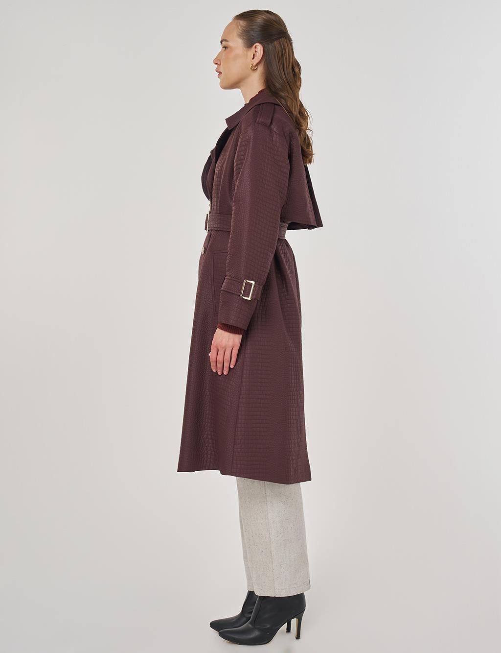 Buckle Detailed Embossed Trench Coat Dark Burgundy