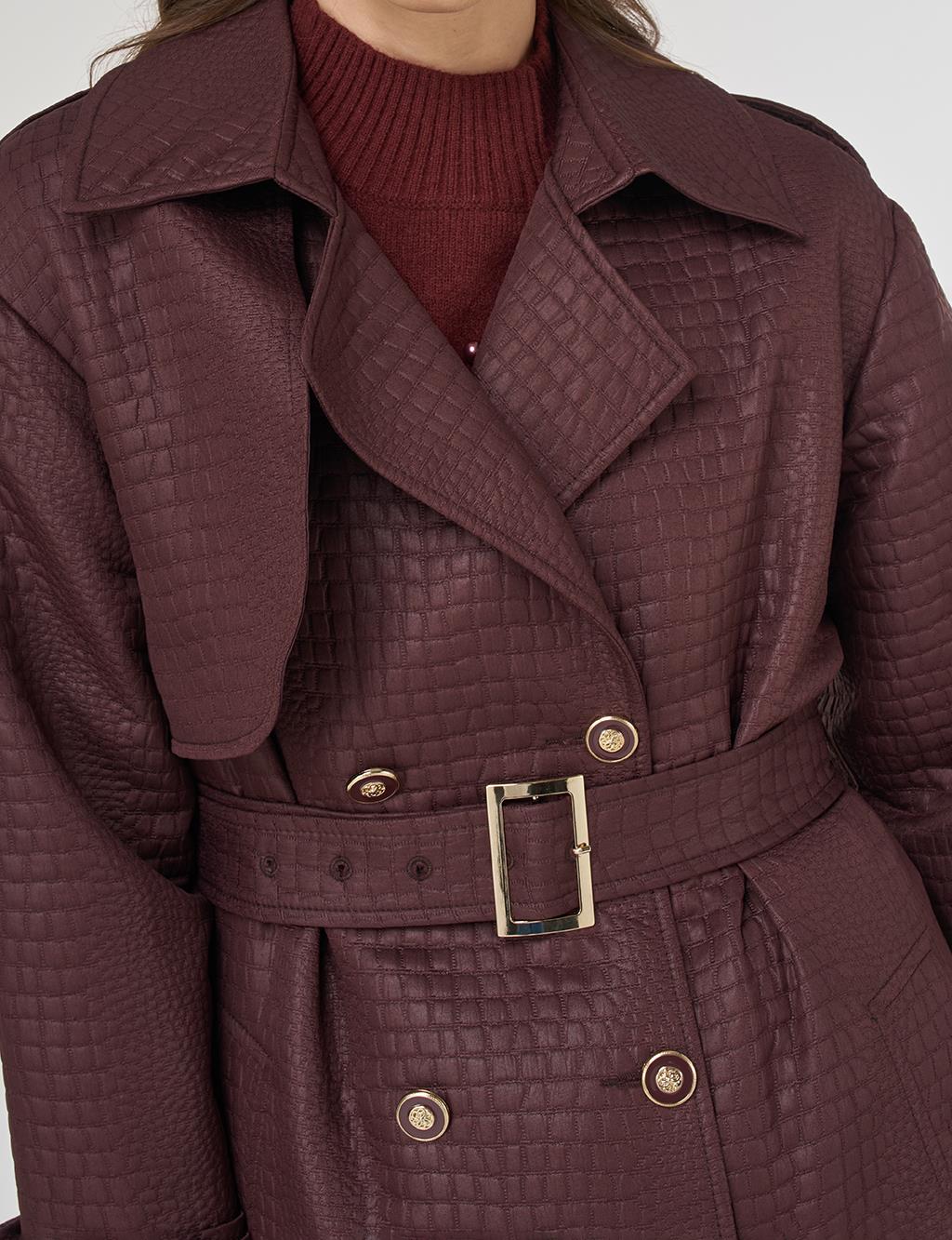Buckle Detailed Embossed Trench Coat Dark Burgundy